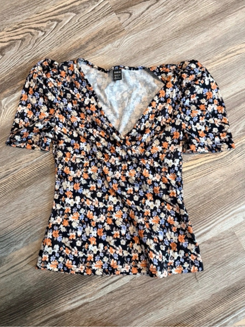 SHEIN Black Short-Sleeve Floral Wrap Top with Orange & Cream Flowers